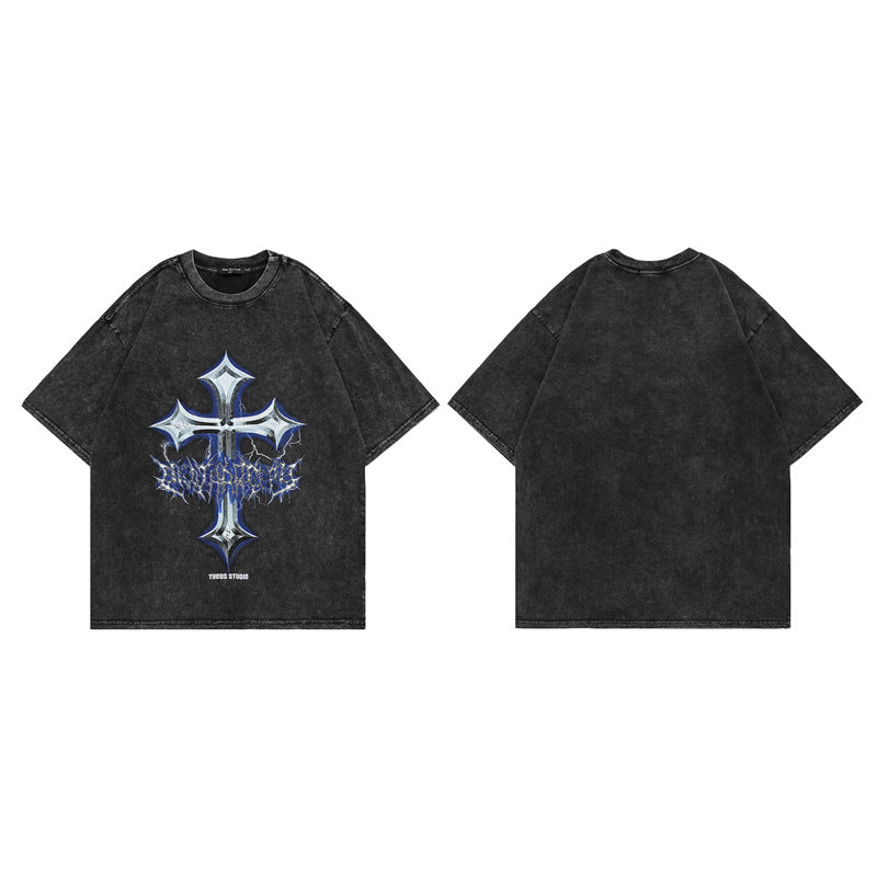 High Street Short Sleeve Washed Distressed Cross Hip Hop T-Shirt