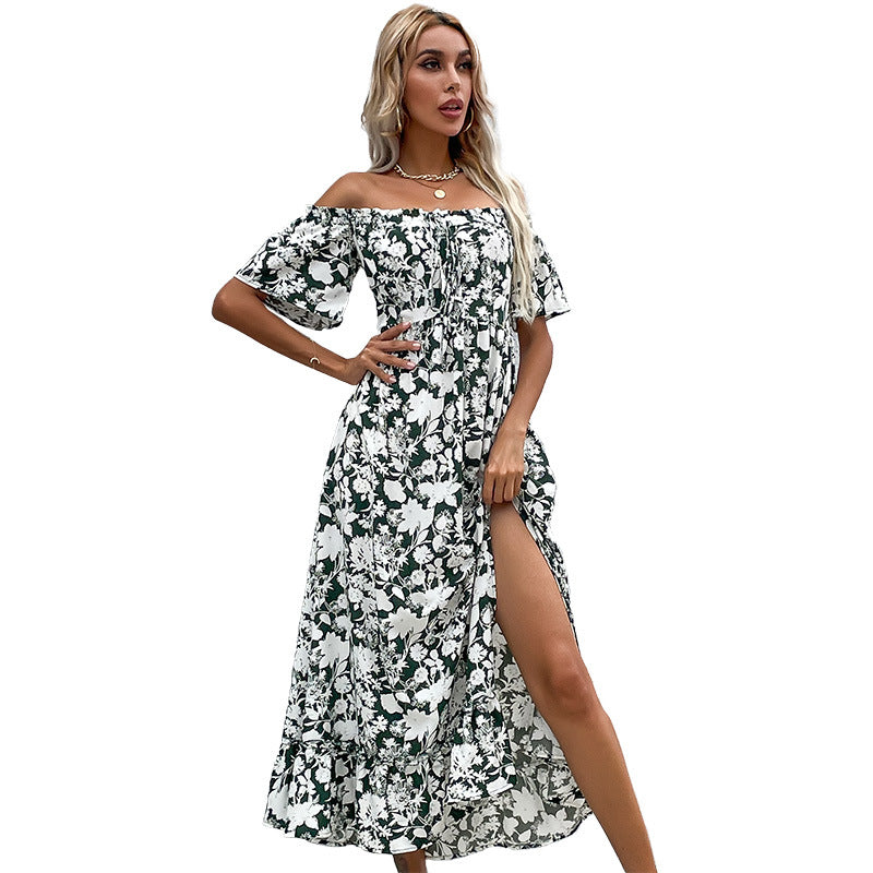 Platycodon Grandiflorum Mid-length Slit Skirt Off-neck Short Sleeve