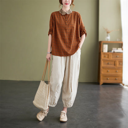 Ladies Loose Cotton And Linen Checkered Shirt