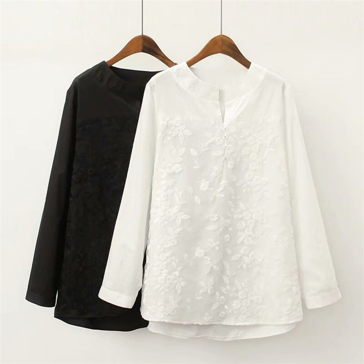 Literary Fan Organza Embroidered Stitching Long-sleeved Shirt