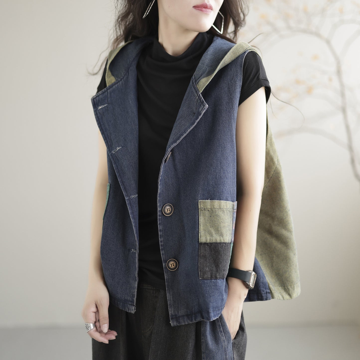 Women's Retro Loose Hooded Ethnic Style Stitching Patchwork Coat Vest