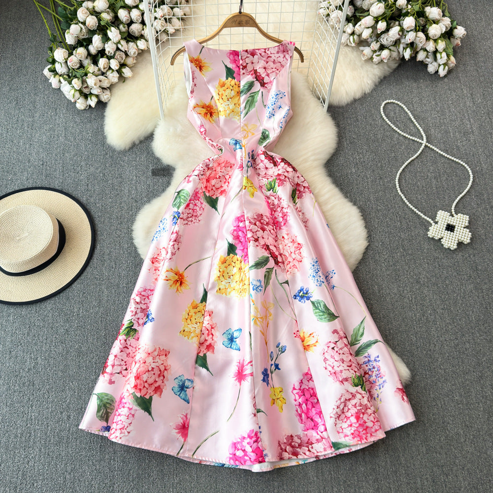 High-grade Socialite Elegance Sleeveless V-neck Waist-controlled Cutting Printing Formal Swing Dress