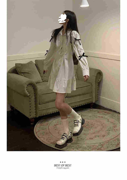 Bow Shirt Dress Women Polo Collar White Long Sleeve Short Dress