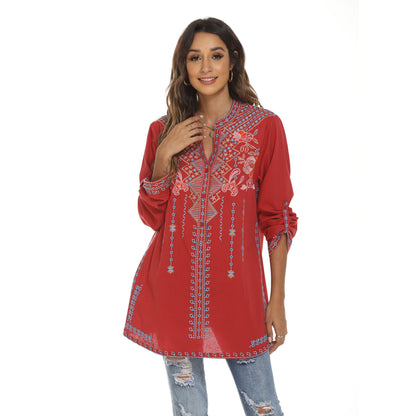 Long Sleeve Shirt Embroidered Mid-length Stand Collar