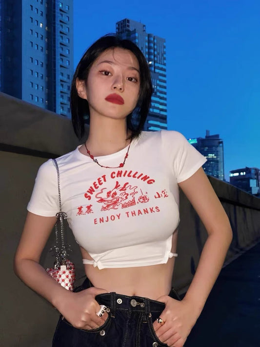 T-shirt court extensible imprimé avec taille nue, petite cage cuite à la vapeur