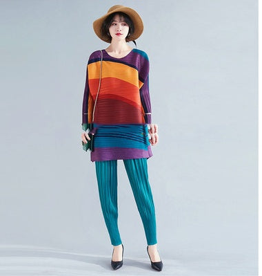 Korean Style Slim Top Plus Size Loose Rainbow Stripe