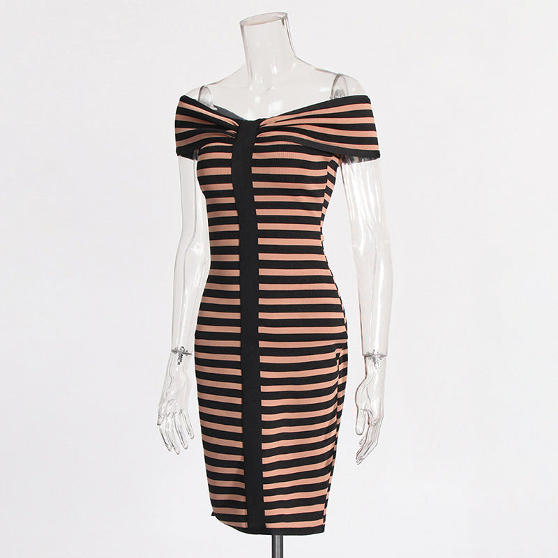 Off-shoulder Striped Mesh Stitching Design Sense Dress