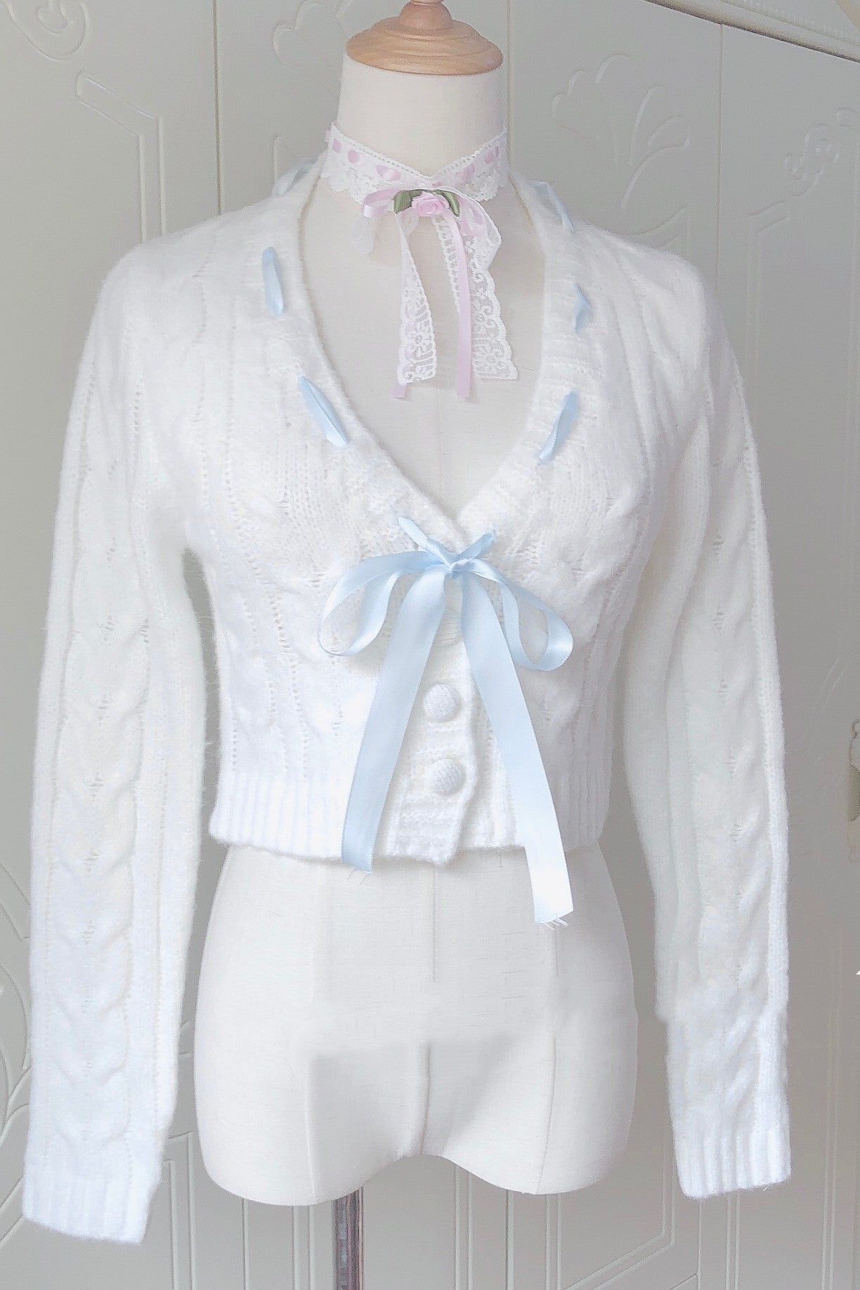 French Girls Cream Sweater Light Blue Ribbon V-neck