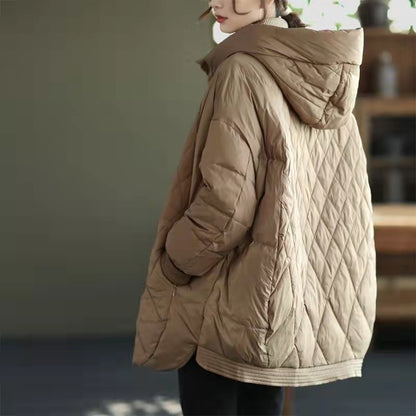 Chaqueta de plumón de pato blanca holgada de longitud media con capucha fina para otoño e invierno