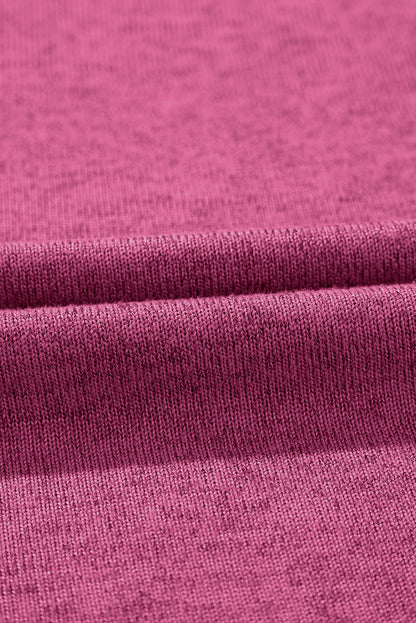 Bright Pink Ribbed Splicing Sleeve Round Neck T-shirt