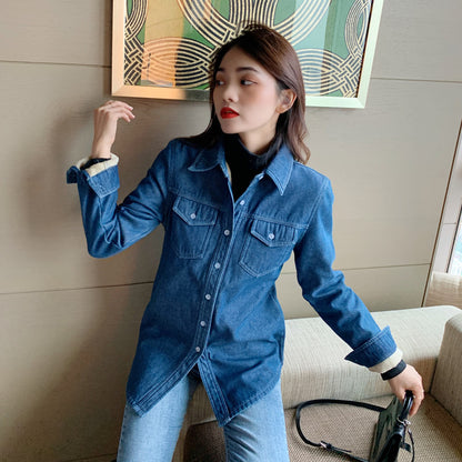 Women's Plus Velvet Denim Shirt With Loose Denim Jacket And Autumn Shirt All-match