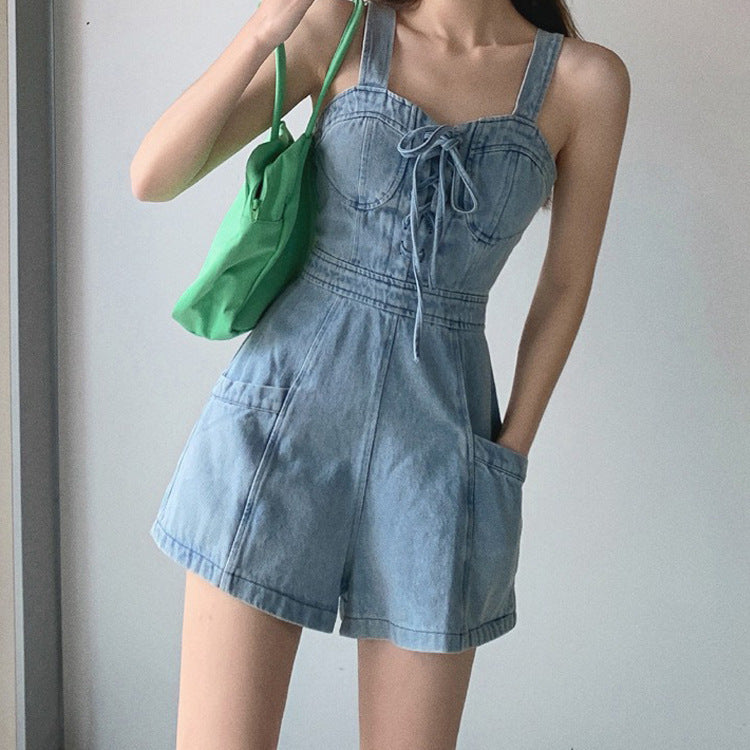 Women's High Waisted And Slim Suspender Denim Suspender Pants