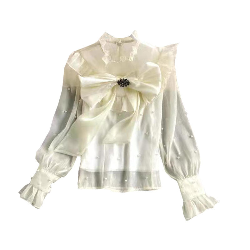 Ruffle Bottoming Tie Shirt Stand-up Collar Long Sleeves