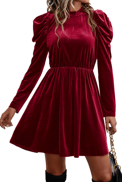 Vestido con vuelo y mangas gigot con cuello con volantes de terciopelo Dahlia rojo