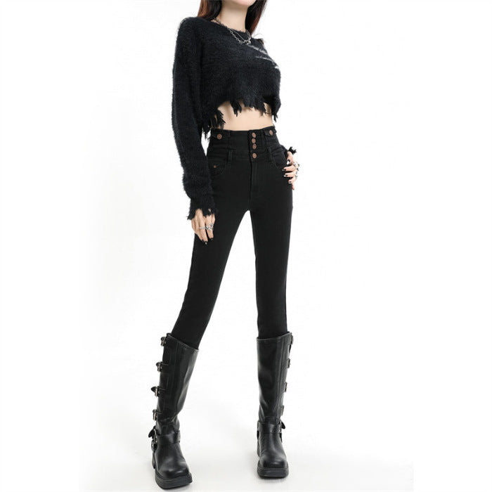 Retro Denim Skinny Pants Women's High Waist Slim Fit