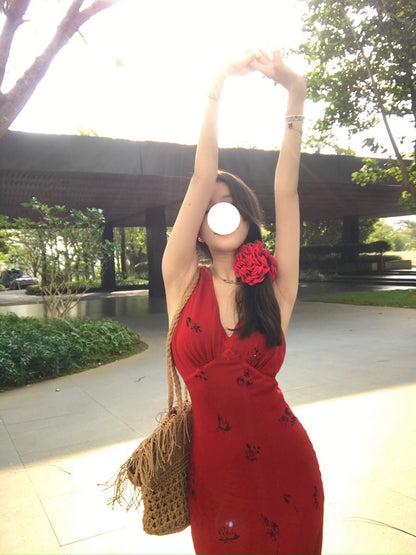 Vestido rojo con escote en V y cintura de verano para mujer