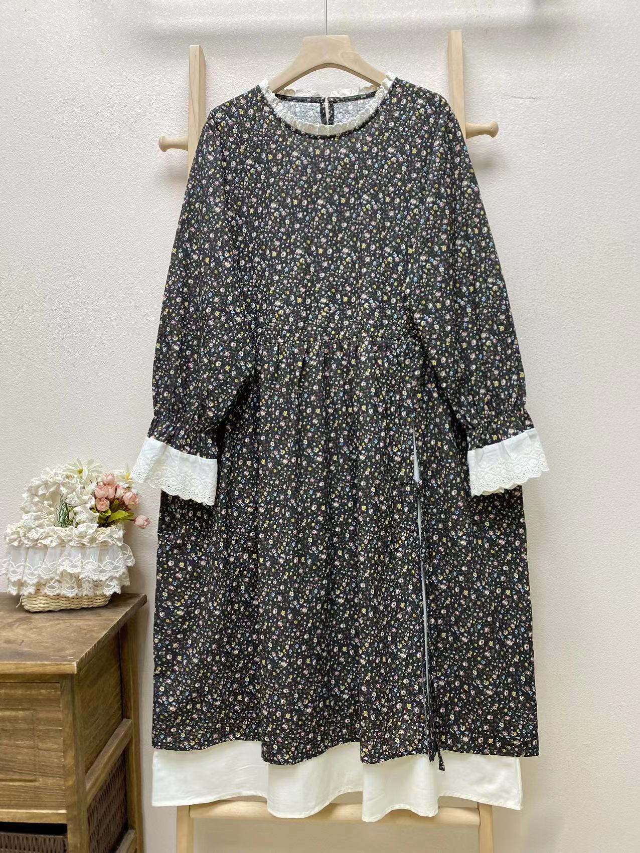 Vestido floral de manga larga de dos piezas falso con retales informal suelto para mujer