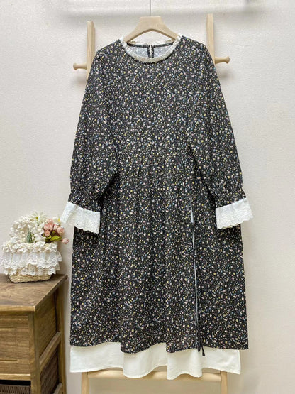 Robe ample et décontractée en Patchwork pour femmes, fausse robe florale deux pièces à manches longues