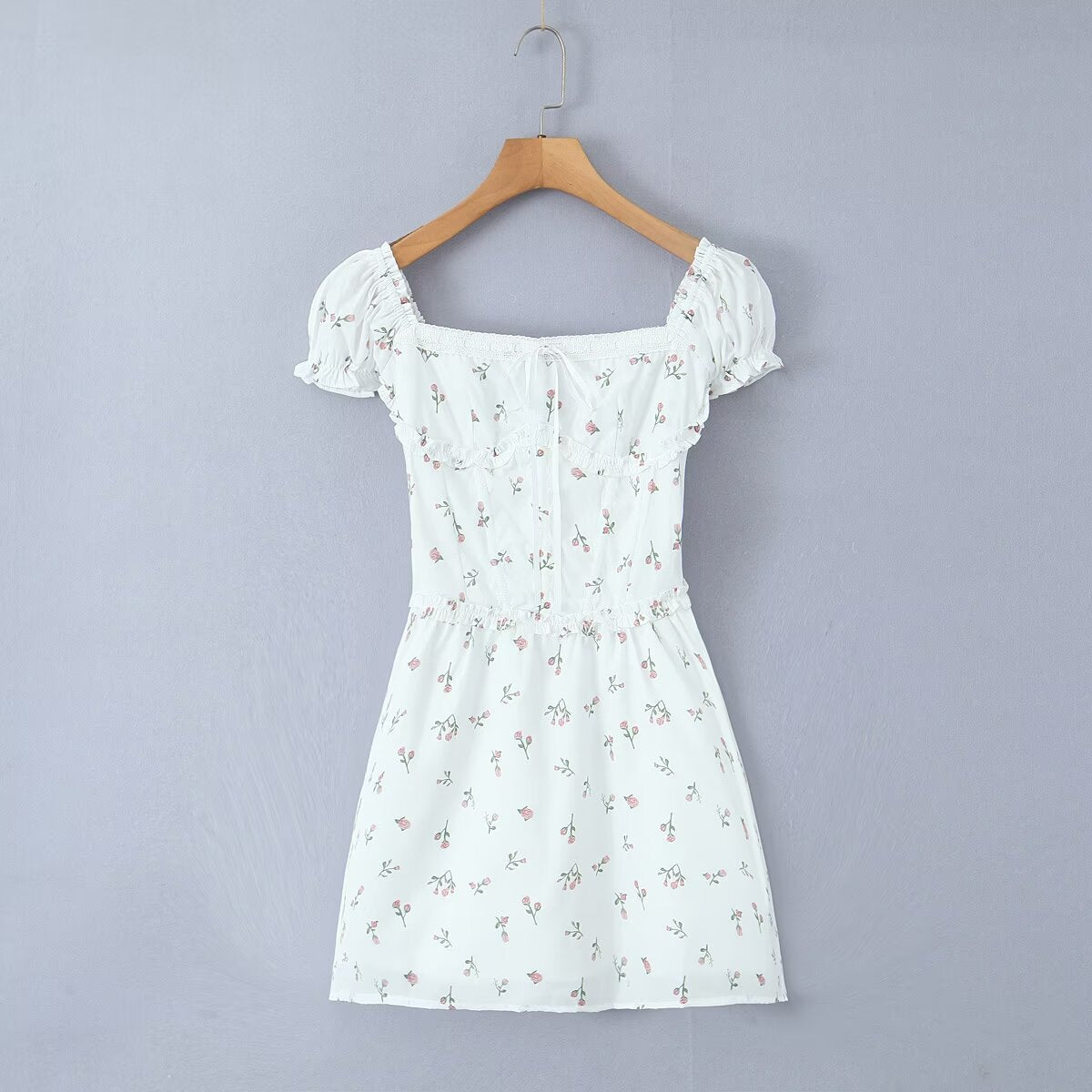 New Women's Cross-border Bubble Sleeve Printed Lace Waist Dress