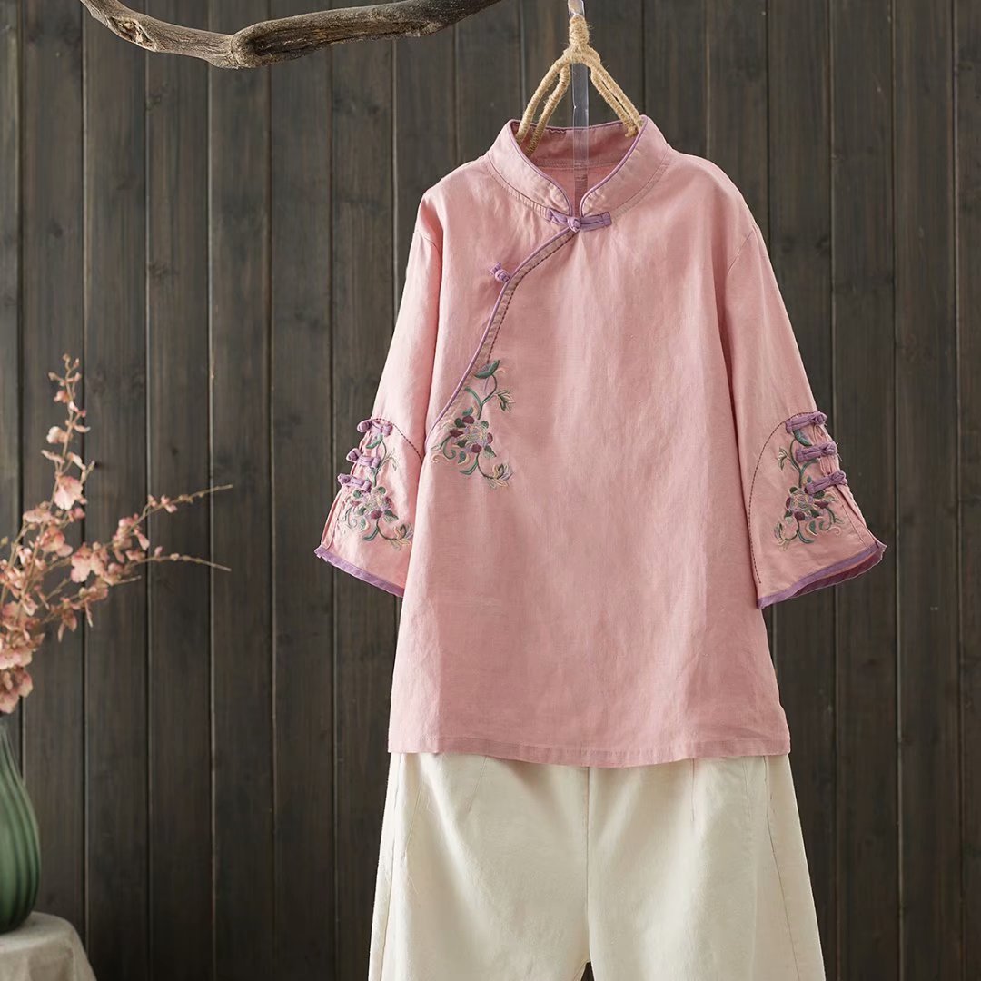 Retro Buckle Cotton And Linen Embroidery Chinese Blouse Women