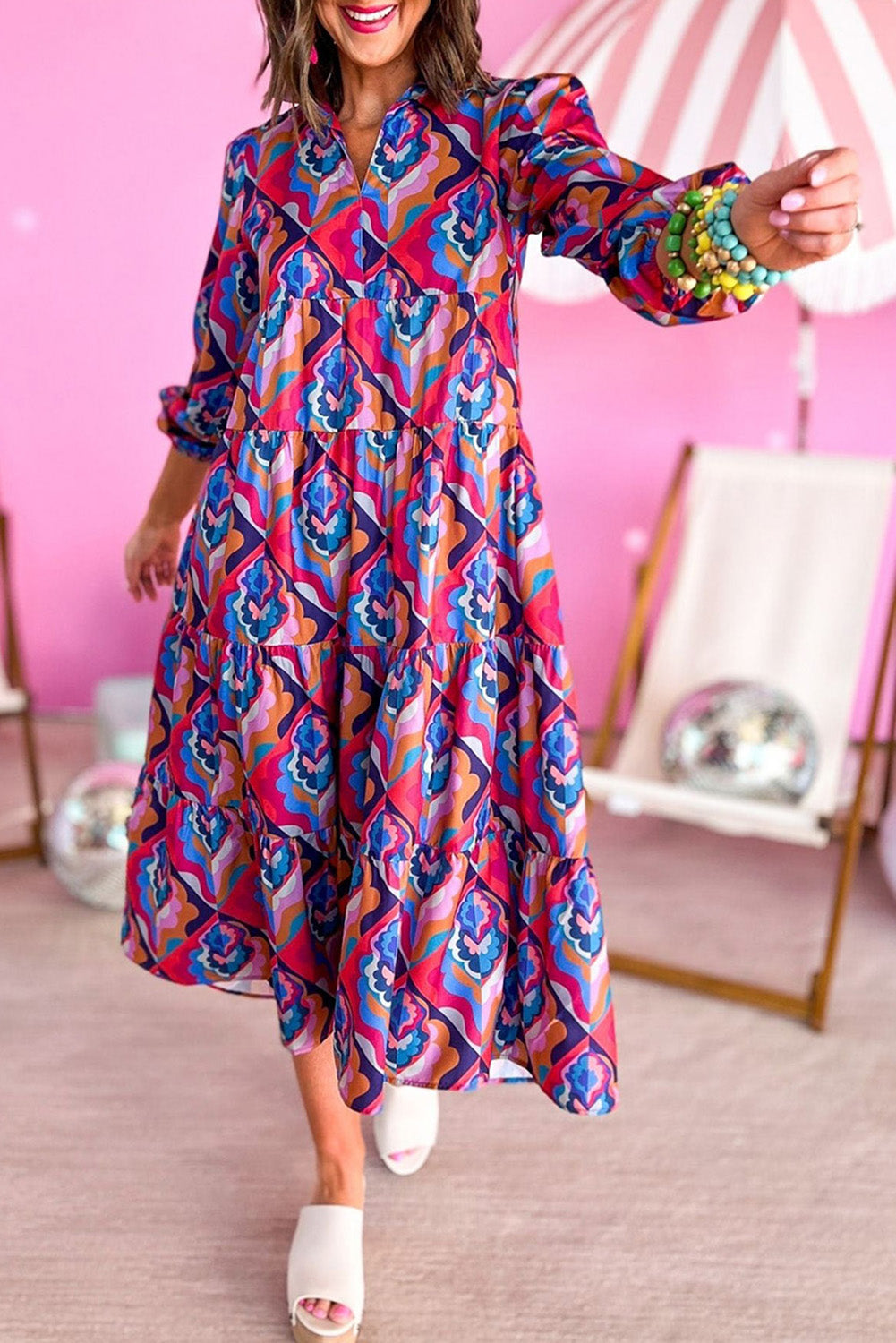 Abstract Geometric Print Long Sleeve High Waist Dress