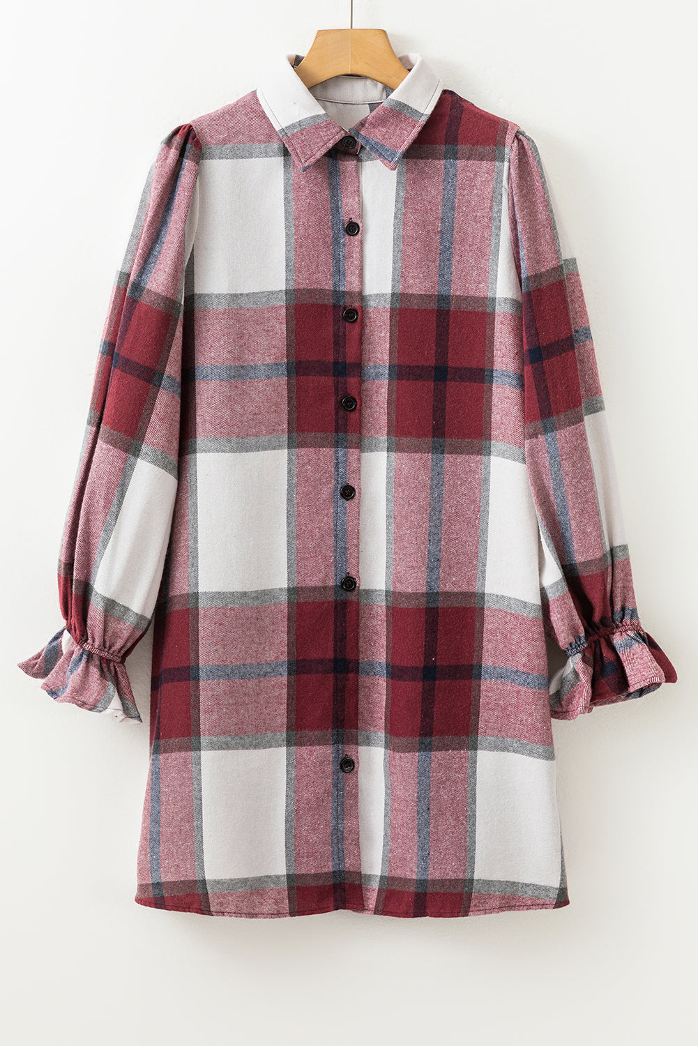 Plaid Pattern Collared Neck Ruffled Sleeve Shirt Dress