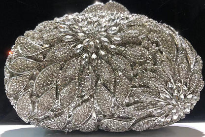 Bolsa de cena con incrustaciones de diamantes y flores de hojas femeninas