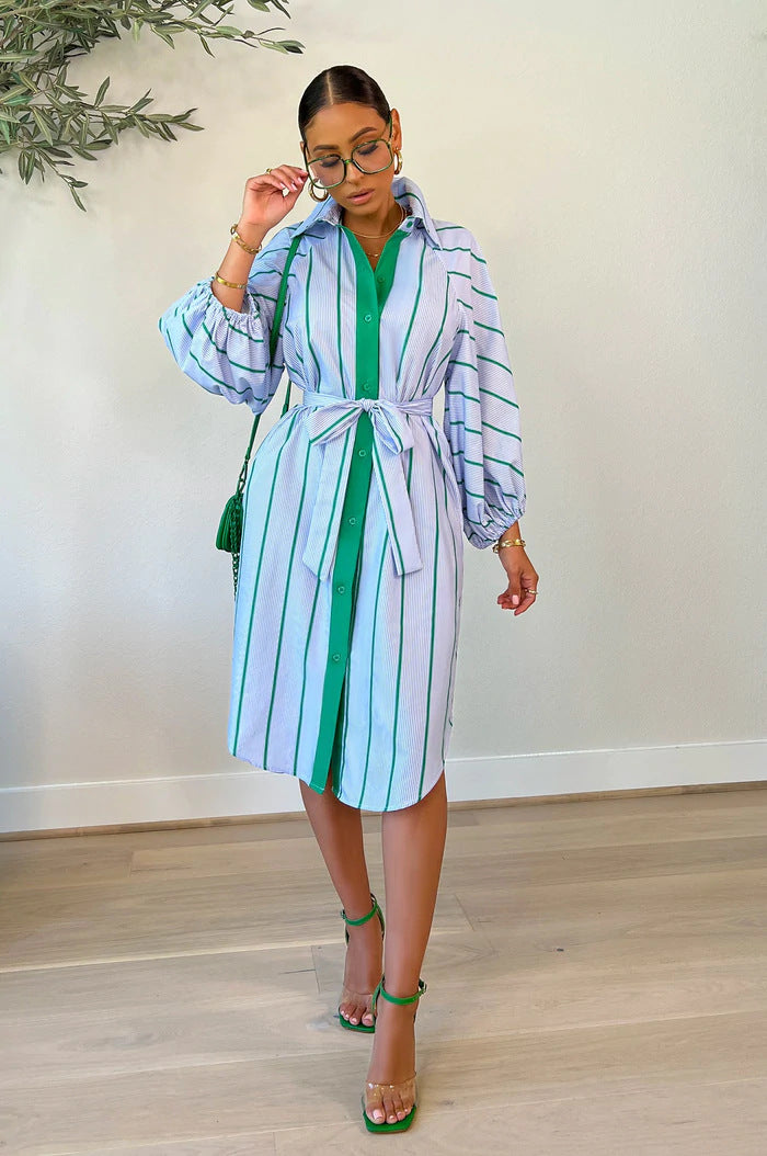 Striped Print Casual Long Sleeve Dress