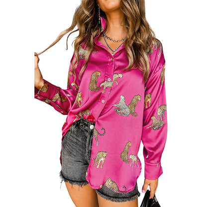 Autumn Solid Color Satin Long Sleeve Cardigan Thin Personalized Animal Print Shirt For Women