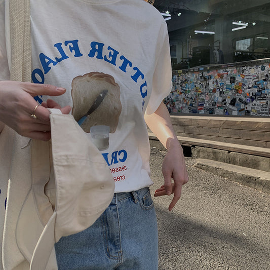 Camiseta de manga corta francesa con estampado de letras de temperamento retro para mujer