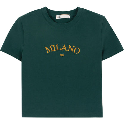 American Retro Dark Green Letter Embroidery Short Short Sleeve