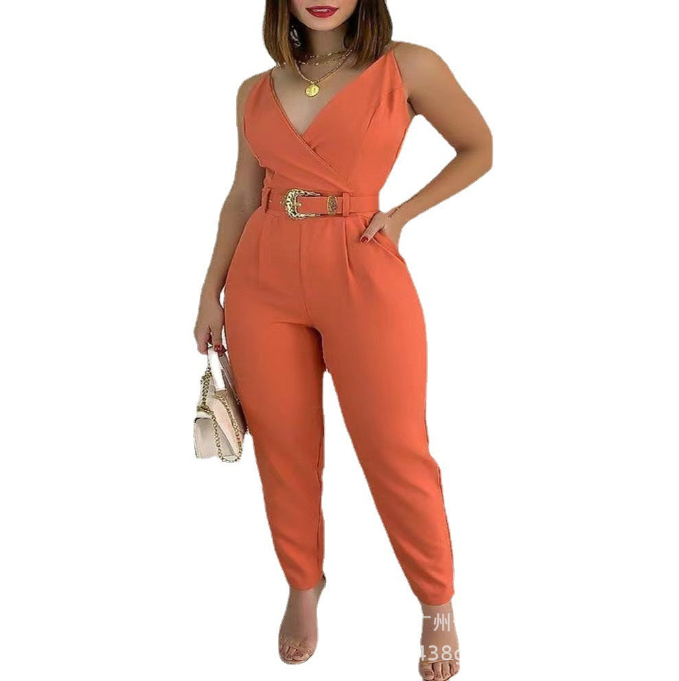 Women's Clothes V-neck Lace Up Solid Color Jumpsuit