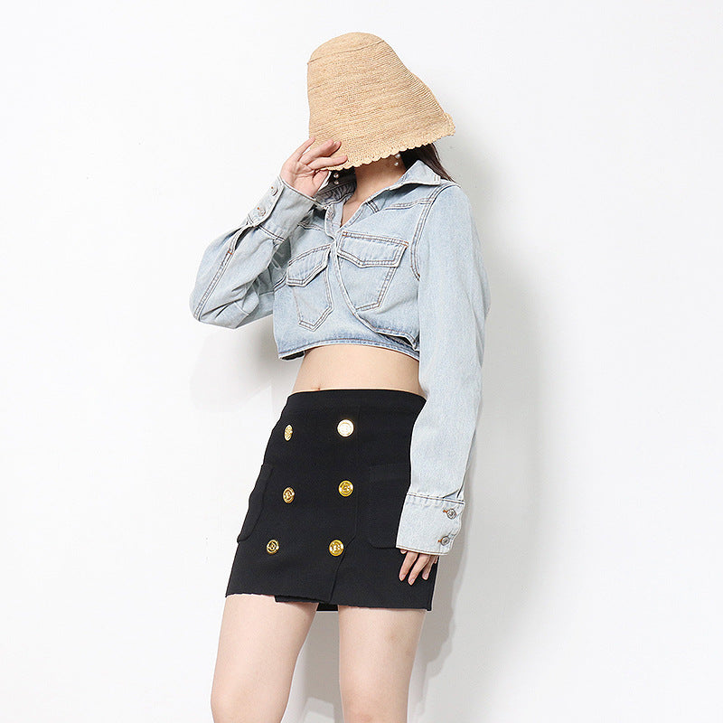 Long Sleeve Lace-Up Cropped Denim Jacket