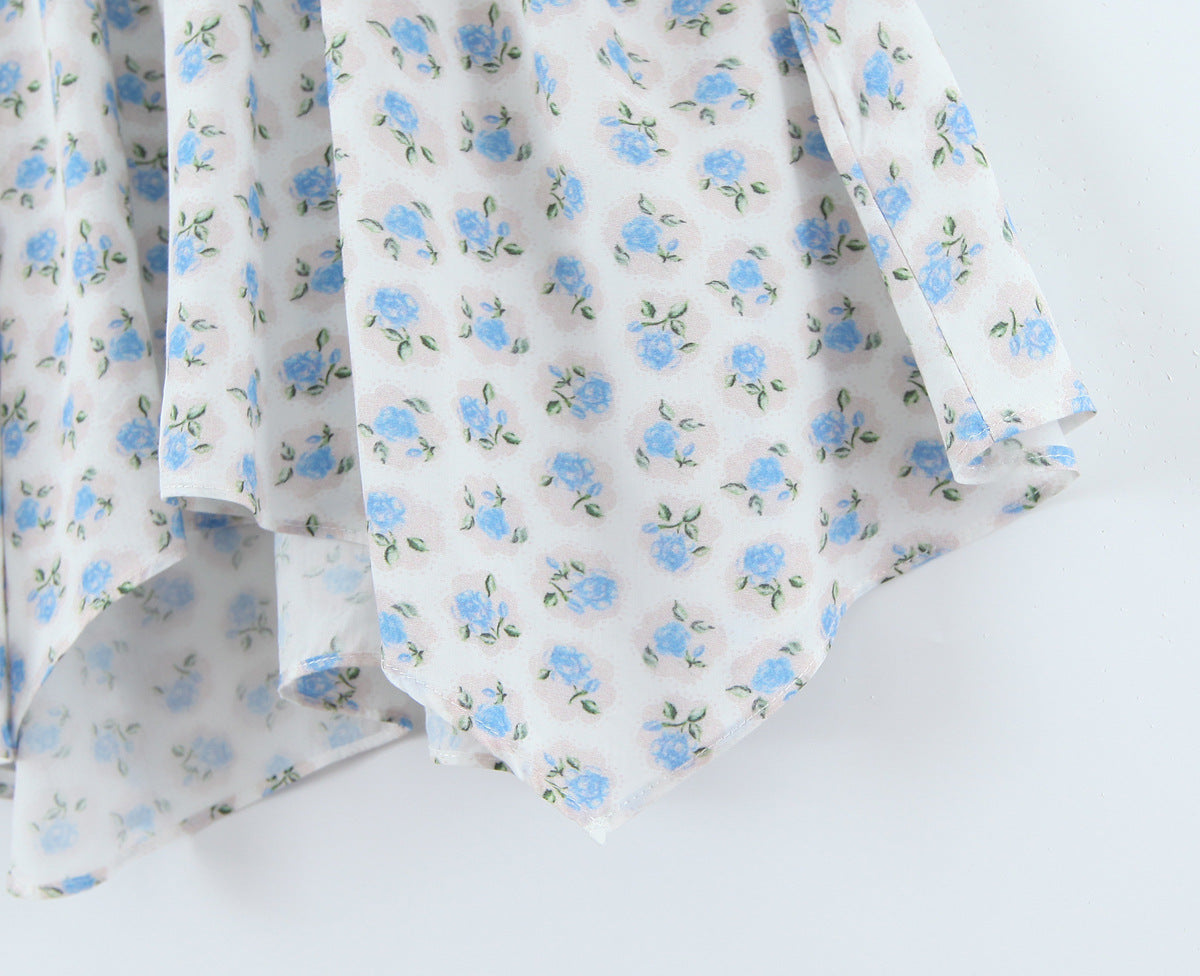 Robe ample élastique à petites fleurs bleues, Style vacances françaises