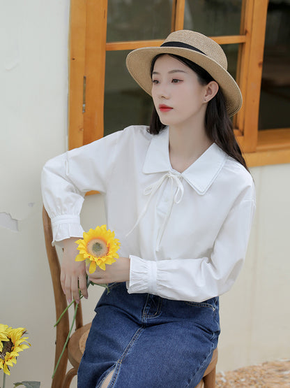 Blusa dulce y elegante Camisa de manga larga blanca literaria Mujer