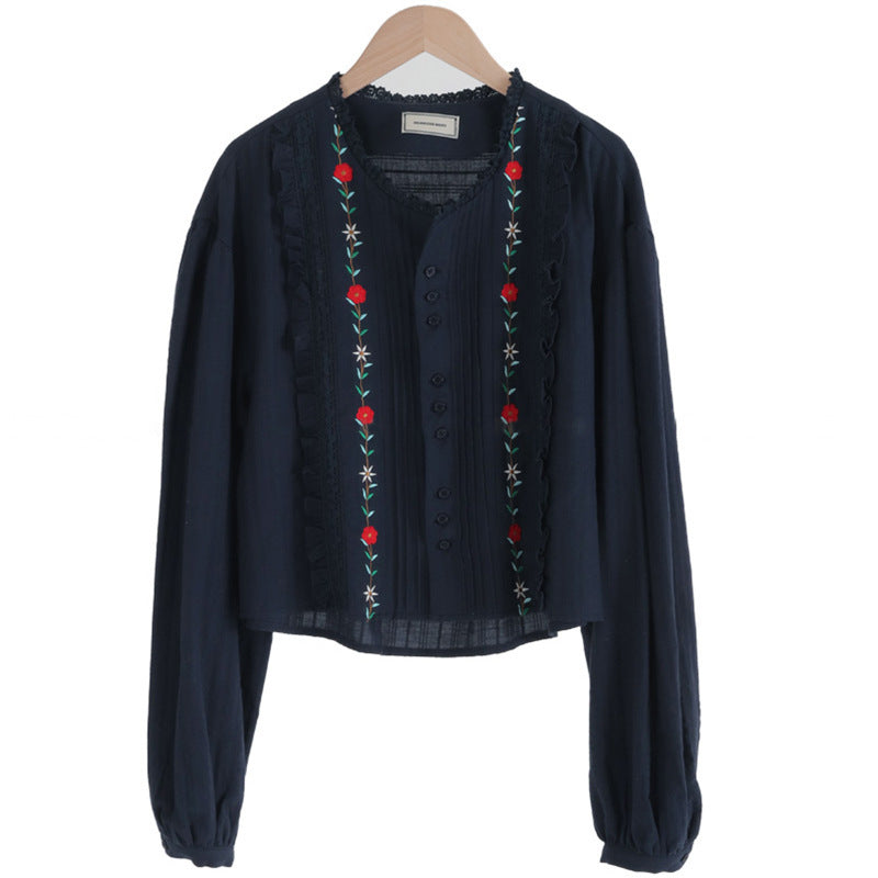 Mori  Age-reducing Temperament Embroidered Cotton Shirt Women