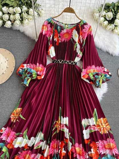 Printed Waist-controlled Lace-up Lady Dress