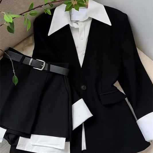 New Fake Two Pieces Suit Jacket Tops Pantskirt Two-piece Set