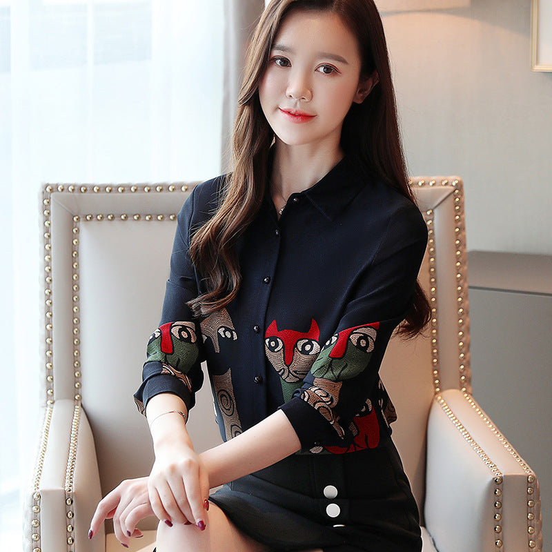 Spring And Autumn Vintage Cat Print Chiffon Shirt