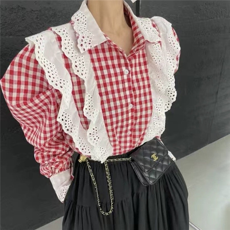 Fashion Design Hollow Lace Long Sleeve Shirt Women