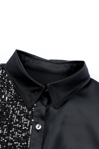 Robe chemise boutonnée noire à paillettes et poche