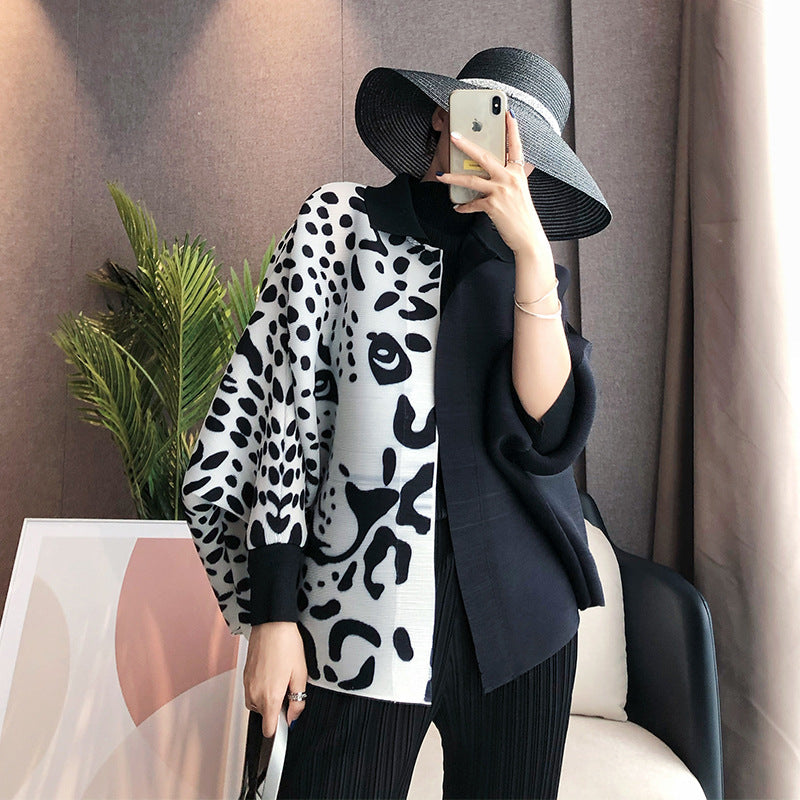 Pleated Coat Loose And Slim Plus Size Long-sleeved Leopard Print