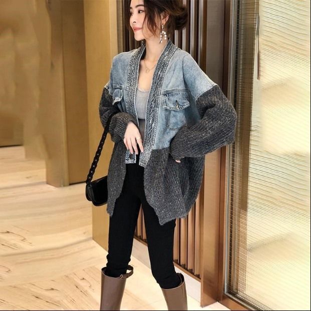 Design Stitching Denim Jacket Women's Knitted Cardigan