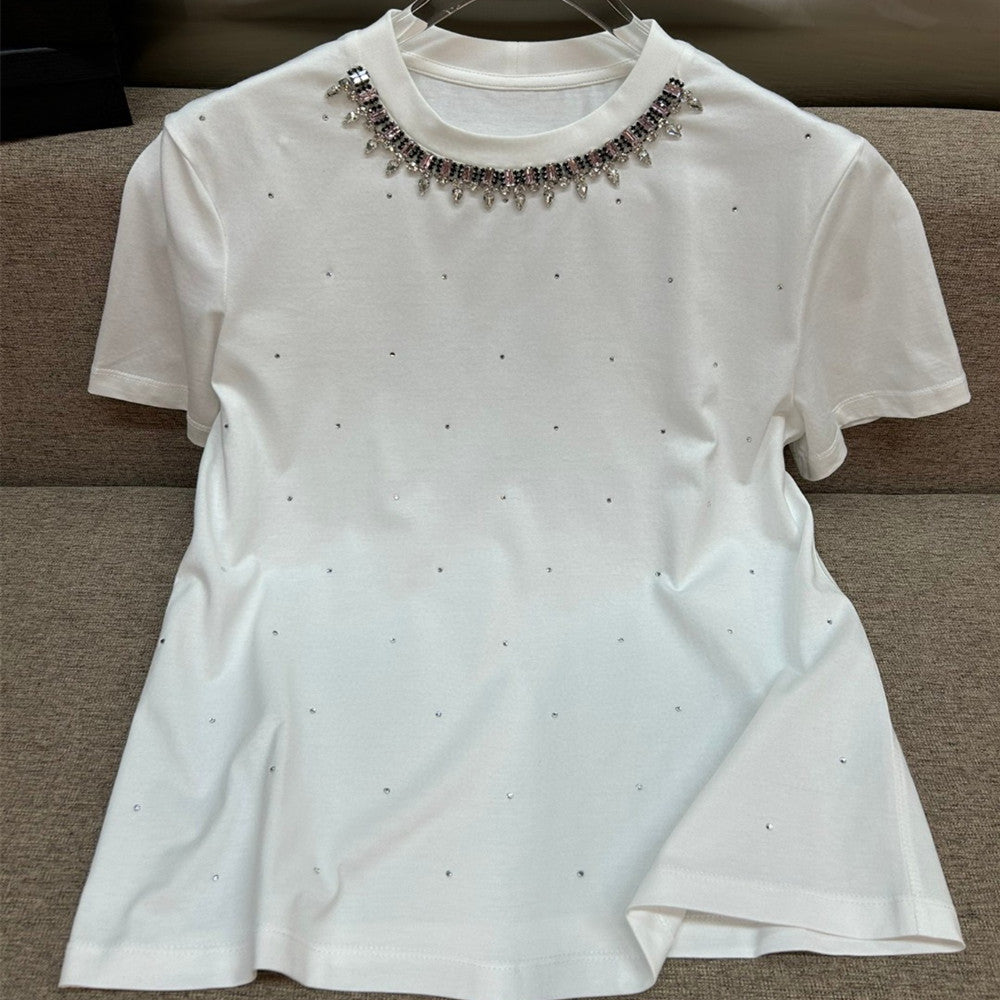 Simple Round Neck Rhinestone Full Diamond Design Short Sleeve T-shirt