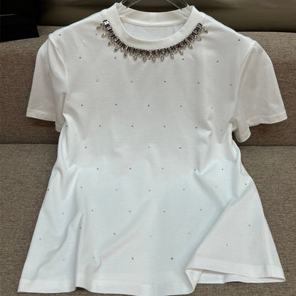 T-shirt simple à manches courtes et col rond avec strass et diamants