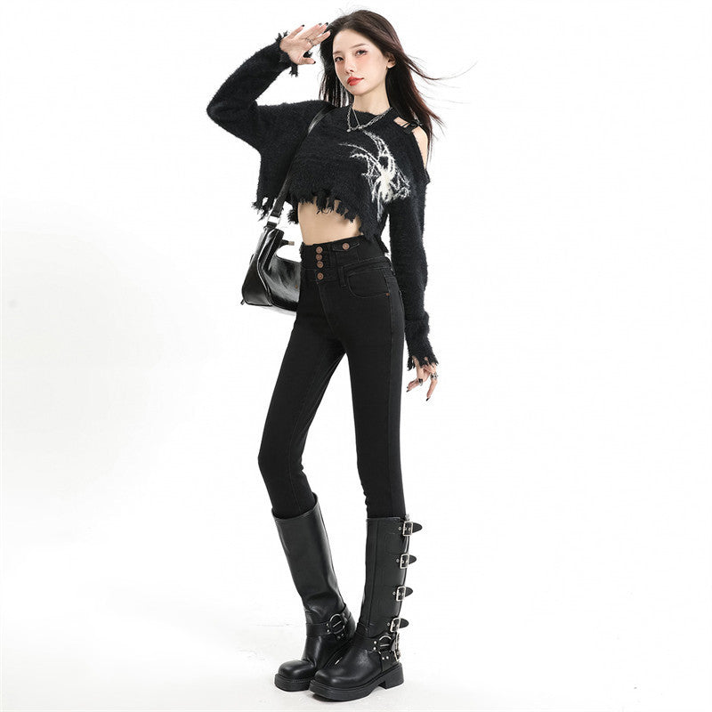 Retro Denim Skinny Pants Women's High Waist Slim Fit