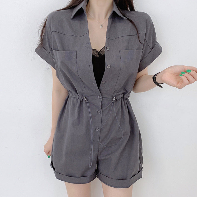 Single-breasted Large Pocket Drawstring Waist Trimming Short-sleeved Casual Jumpsuit Shorts For Women