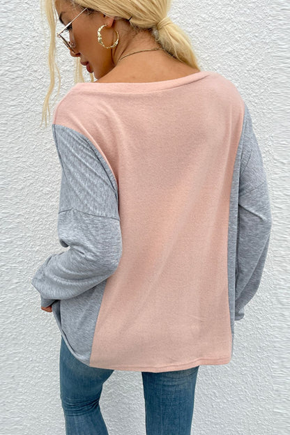 Blusa de manga larga con cuello en V y bloques de color