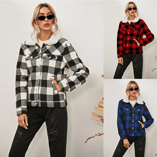 Plaid Fur Collar Plus Velvet Padded Coat