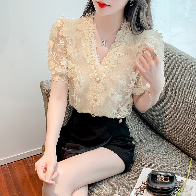 Lace Shirt Three-dimensional Flower V-Neck Puff Sleeve